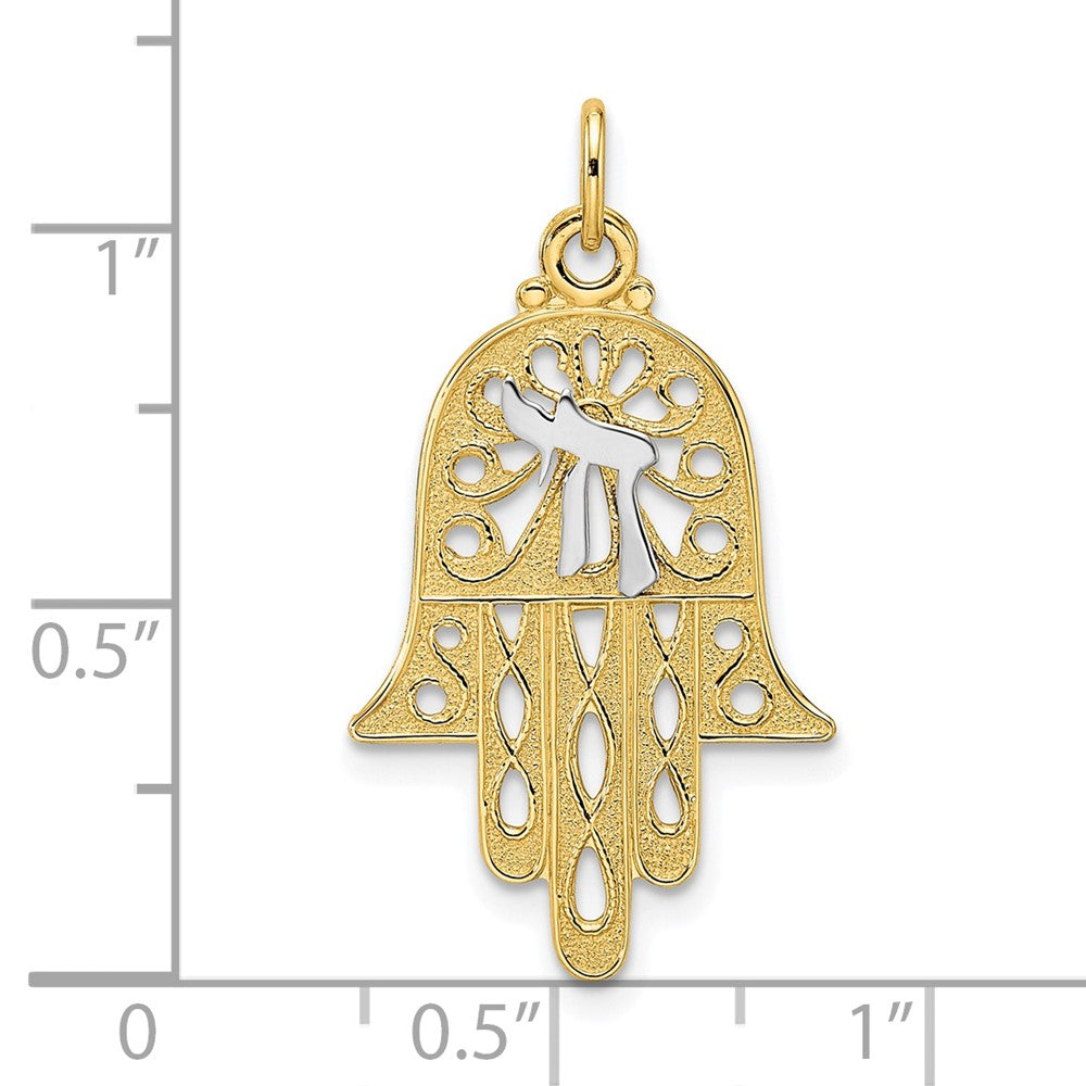 14k Two-tone Gold Solid Hamsa and Chai Symbol Pendant