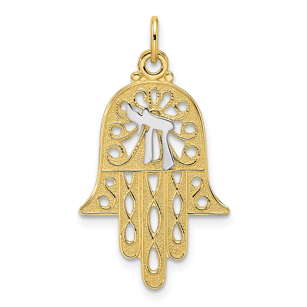 14k Two-tone Gold Solid Hamsa and Chai Symbol Pendant