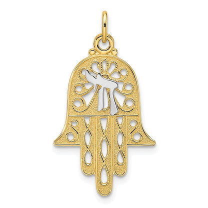 14k Two-tone Gold Solid Hamsa and Chai Symbol Pendant