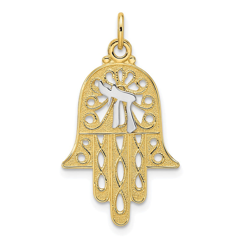 14k Two-tone Gold Solid Hamsa and Chai Symbol Pendant