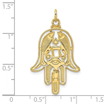 14k Yellow Gold Polished & Textured Solid Hamsa Pendant