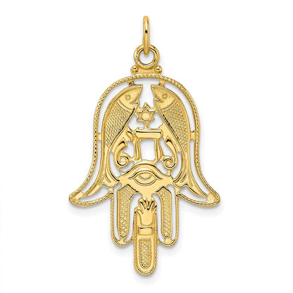 14k Yellow Gold Polished & Textured Solid Hamsa Pendant