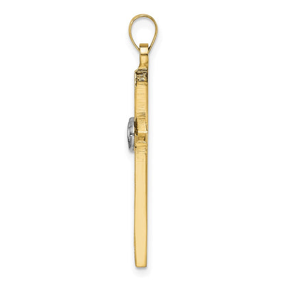 14k Two-tone Gold Polished and Satin Solid Double Ring Cross Pendant