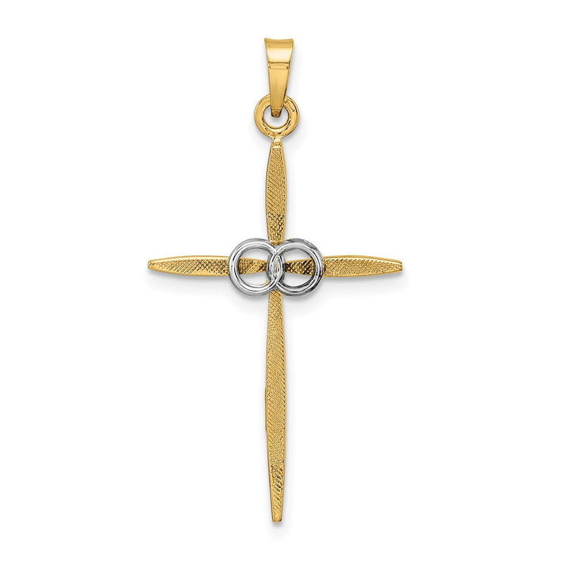 14k Two-tone Gold Polished and Satin Solid Double Ring Cross Pendant
