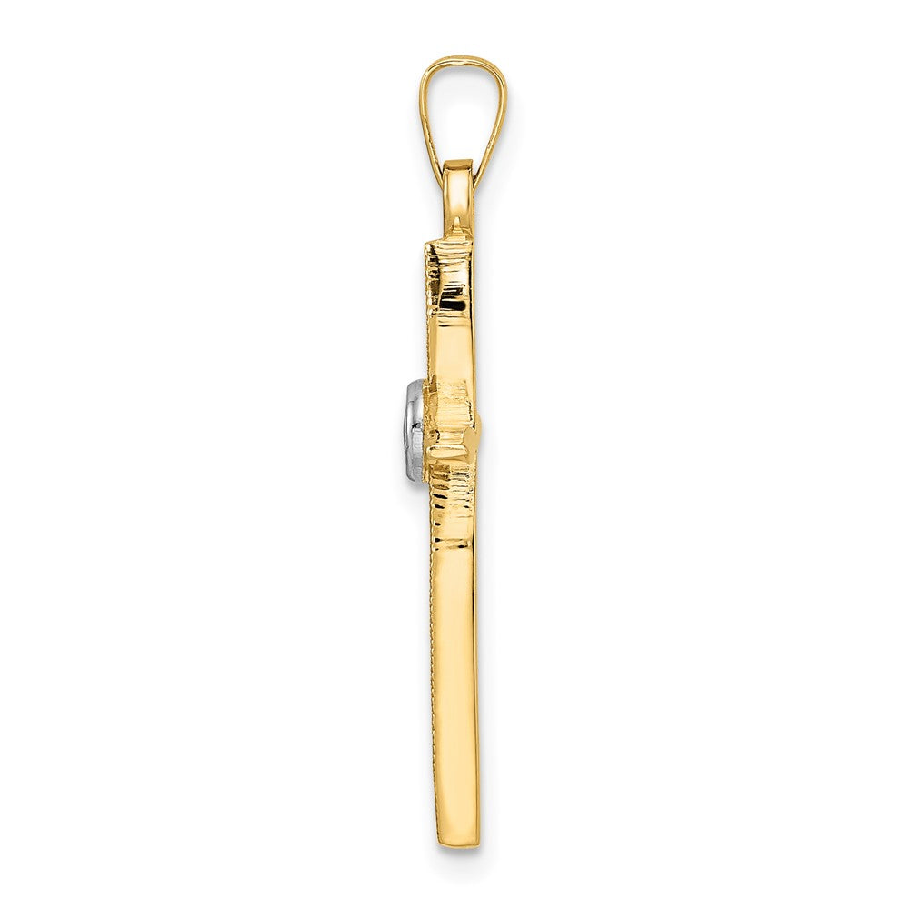14k Two-tone Gold Polished and Satin Solid Double Ring Cross Pendant