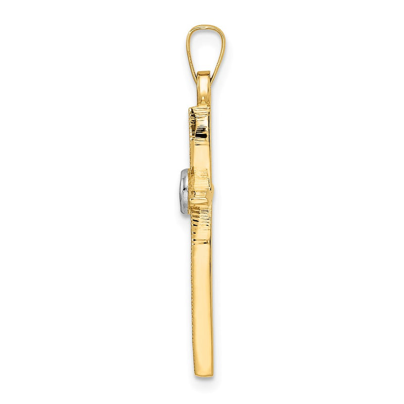 14k Two-tone Gold Polished and Satin Solid Double Ring Cross Pendant