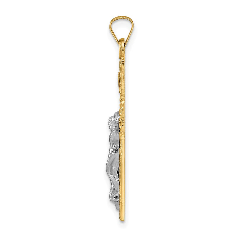 14k Two-tone Gold Polished Wood Texture Solid INRI Crucifix Pendant