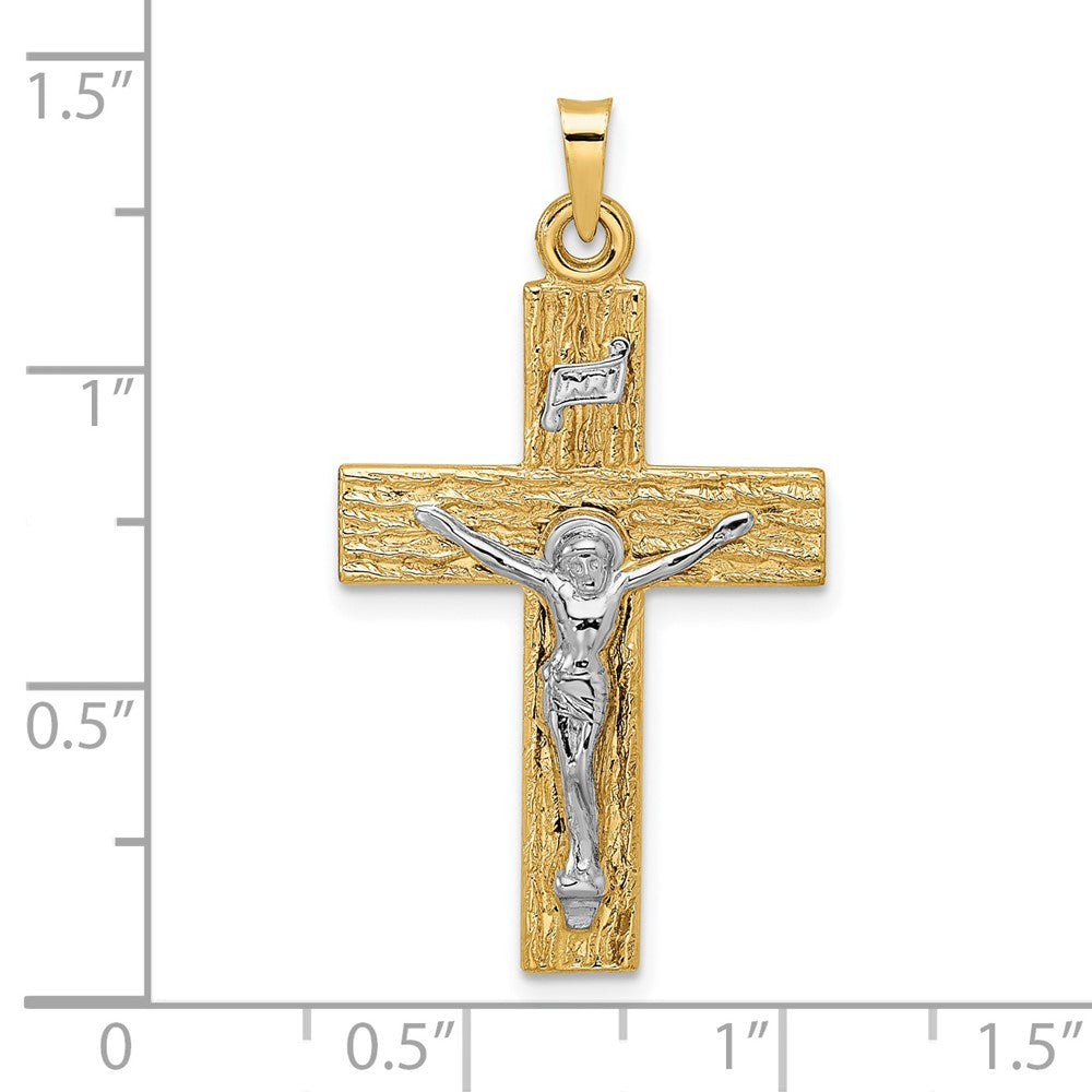 14k Two-tone Gold Polished Wood Texture Solid INRI Crucifix Pendant