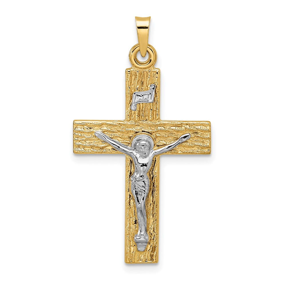 14k Two-tone Gold Polished Wood Texture Solid INRI Crucifix Pendant