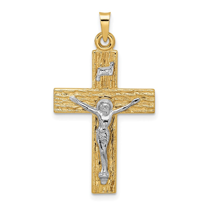 14k Two-tone Gold Polished Wood Texture Solid INRI Crucifix Pendant