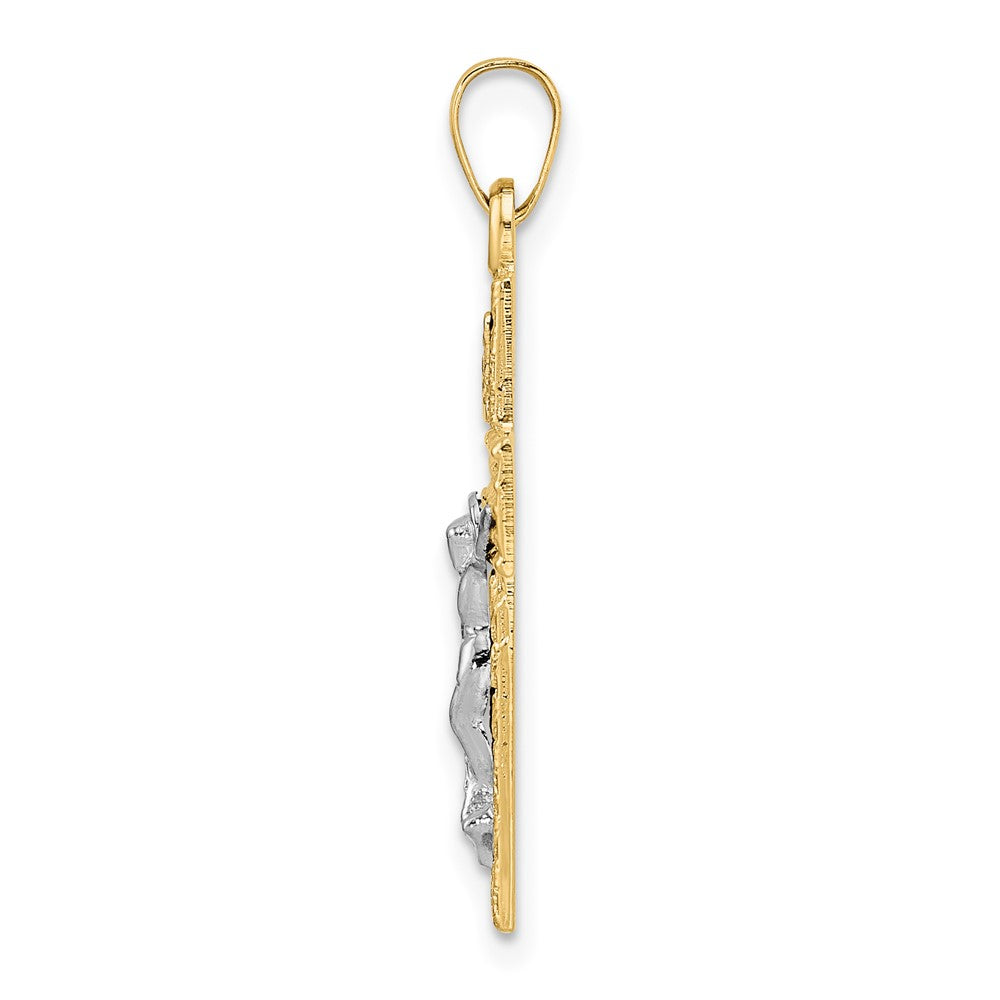 14k Two-tone Gold Polished Wood Texture Solid INRI Crucifix Pendant