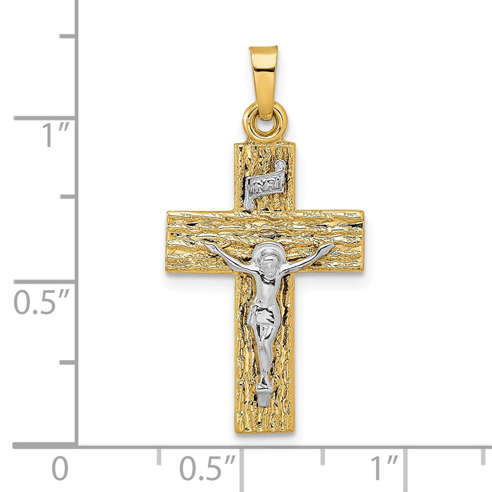 14k Two-tone Gold Polished Wood Texture Solid INRI Crucifix Pendant