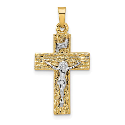 14k Two-tone Gold Polished Wood Texture Solid INRI Crucifix Pendant