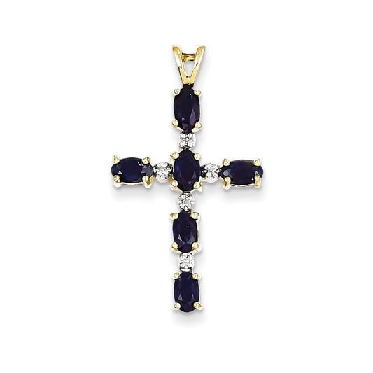Natural Diamond and Sapphire Cross Pendant in Solid 14k Yellow Gold