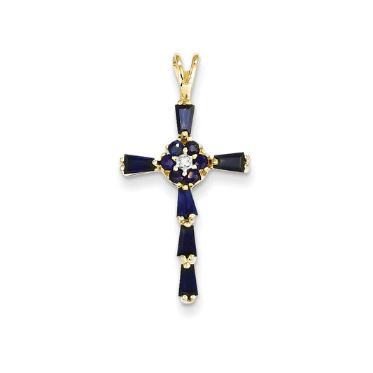 14k Yellow Gold Diamond & Sapphire Cross Pendant