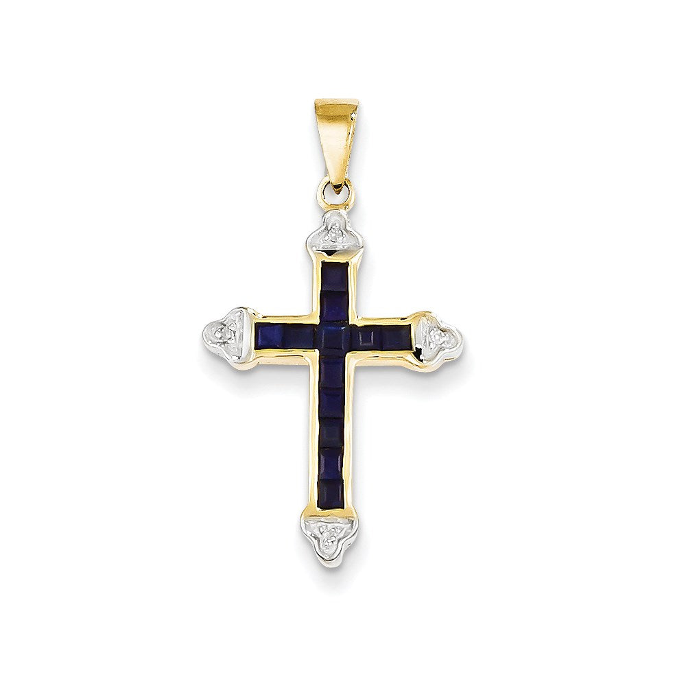 14k Yellow Gold Diamond & Sapphire Cross Pendant