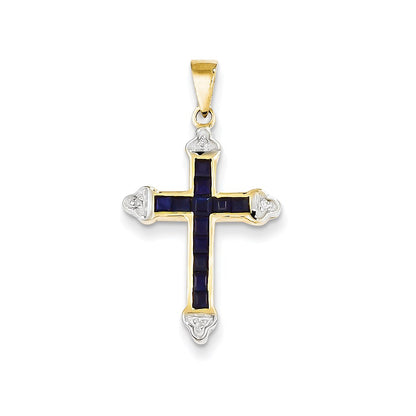 14k Yellow Gold Diamond & Sapphire Cross Pendant