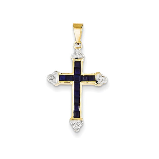 14k Yellow Gold Diamond & Sapphire Cross Pendant