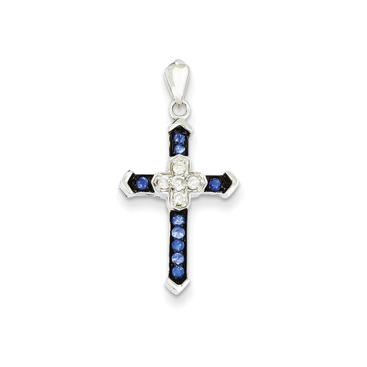 14k White Gold Diamond & Sapphire Cross Pendant