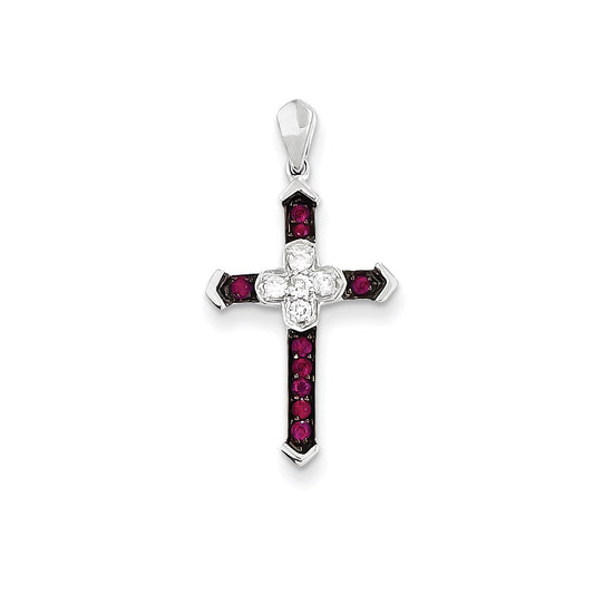 14k White Gold Diamond & Ruby Cross Pendant