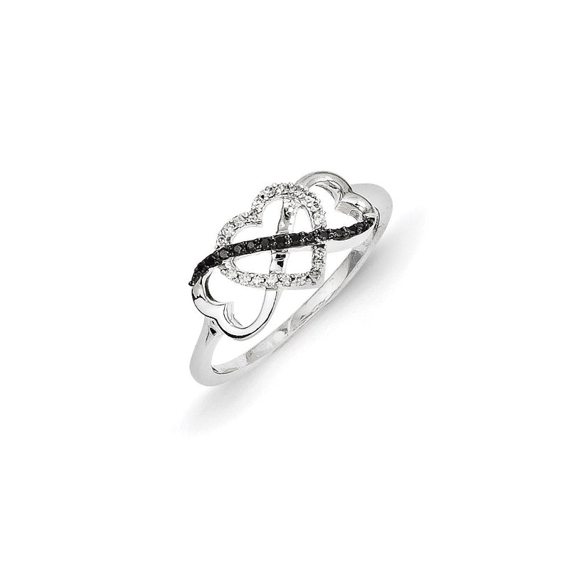 14k White Gold w/ Black and White Real Diamond Triple Heart Ring