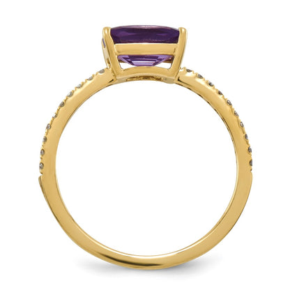 14K Yellow Gold Real Diamond and Amethyst Square Ring