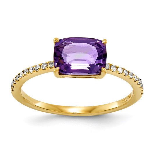 14K Yellow Gold Real Diamond and Amethyst Square Ring