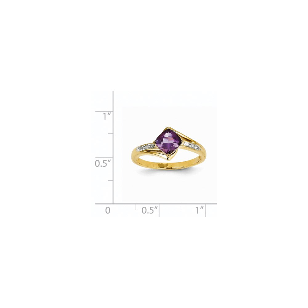 14K Yellow Gold Rhodium Real Diamond and Amethyst Square Ring