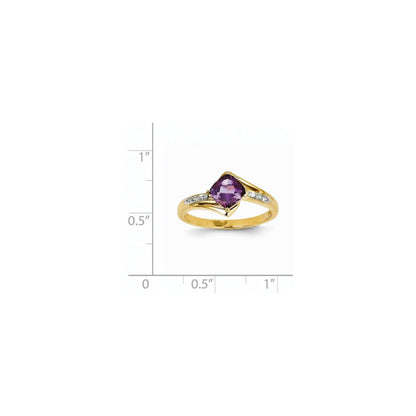 14K Yellow Gold Rhodium Real Diamond and Amethyst Square Ring