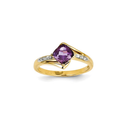 14K Yellow Gold Rhodium Real Diamond and Amethyst Square Ring