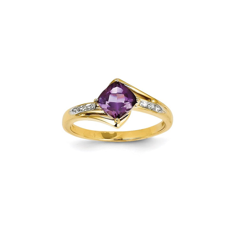 14K Yellow Gold Rhodium Real Diamond and Amethyst Square Ring