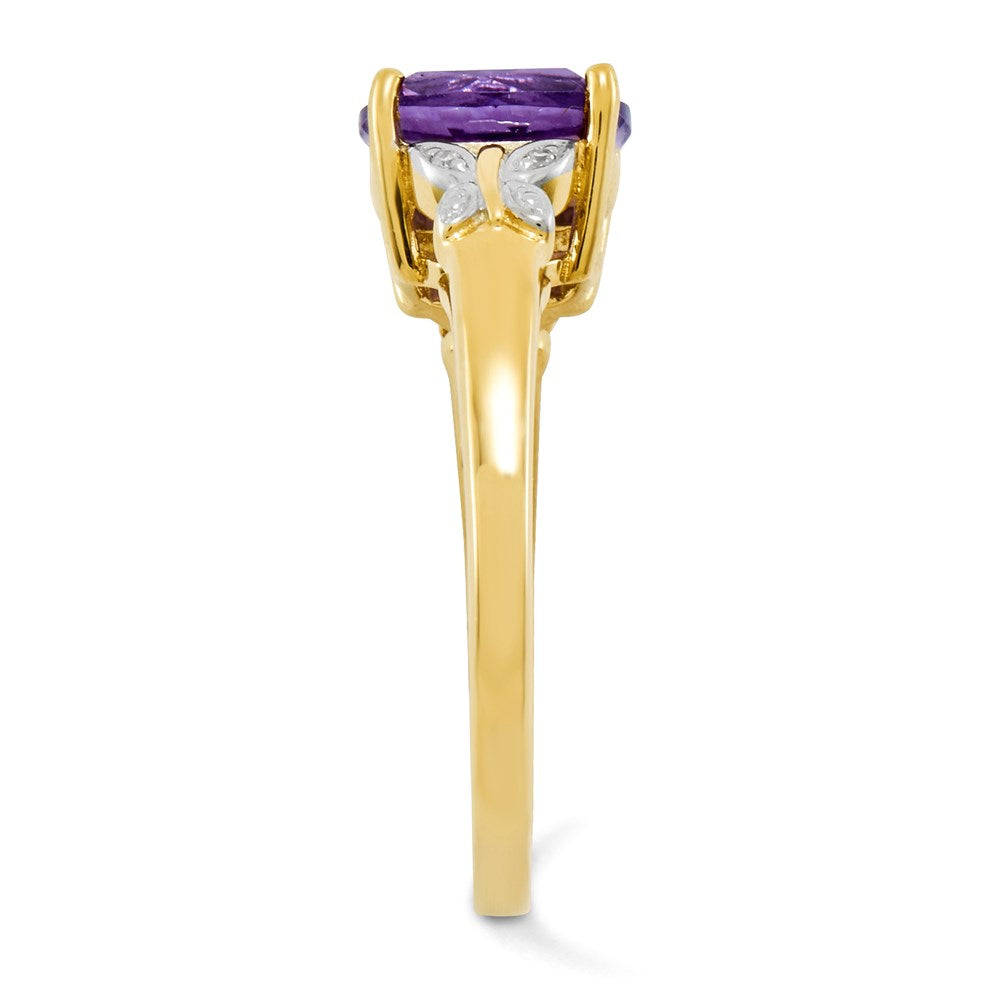 14K Yellow Gold Real Diamond and Amethyst Square Ring