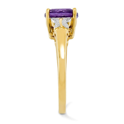 14K Yellow Gold Real Diamond and Amethyst Square Ring