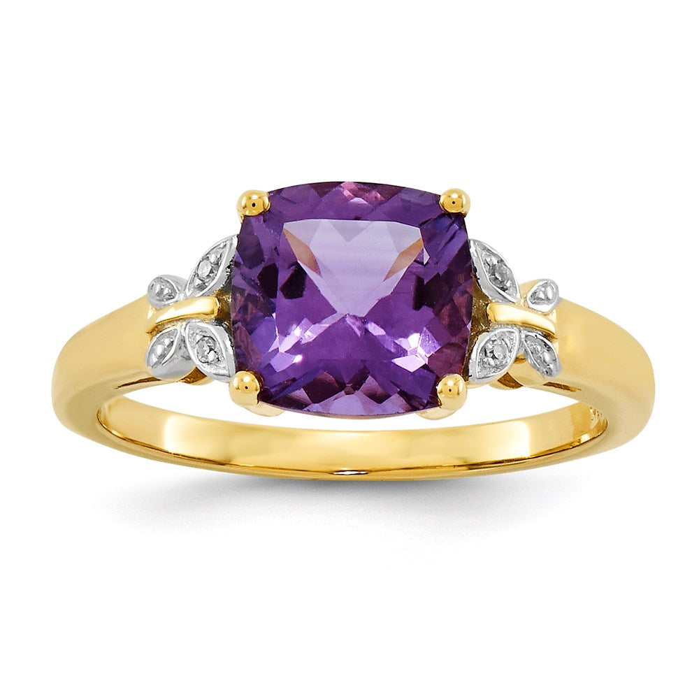 14K Yellow Gold Real Diamond and Amethyst Square Ring