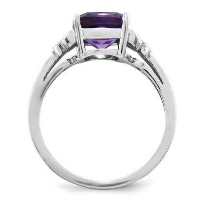 14k White Gold Real Diamond and Amethyst Square Ring