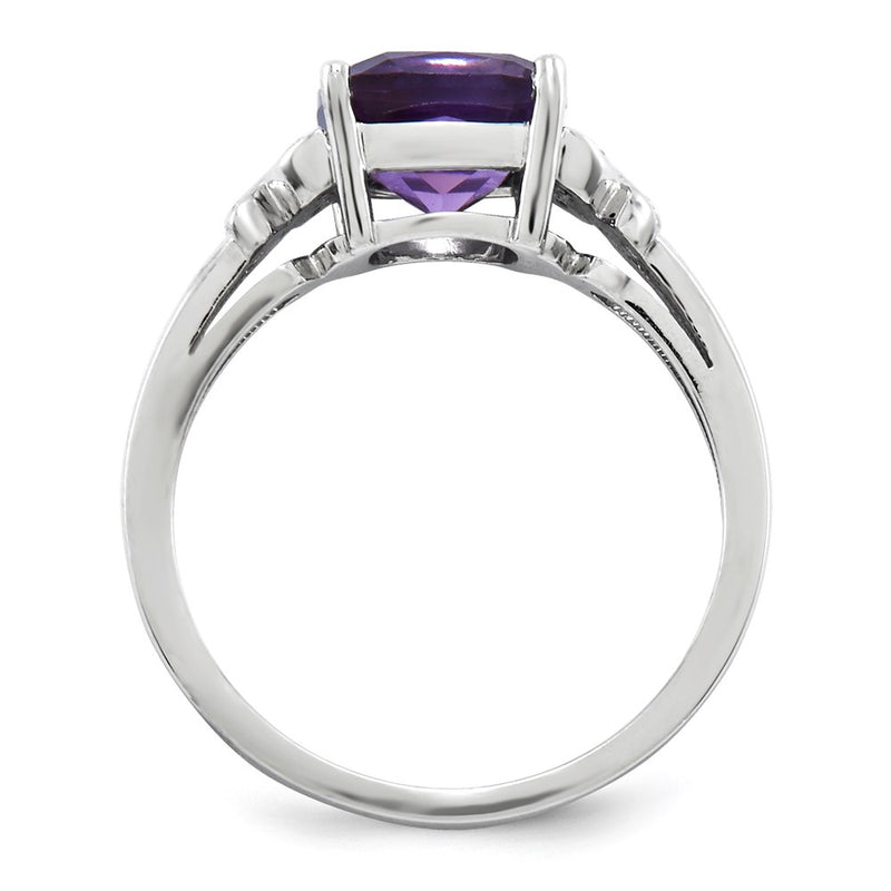 14k White Gold Real Diamond and Amethyst Square Ring
