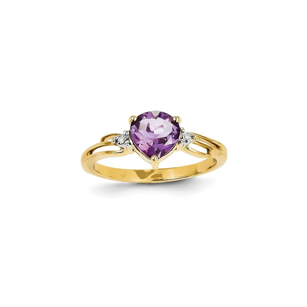 14K Yellow Gold Real Diamond and Amethyst Heart Ring