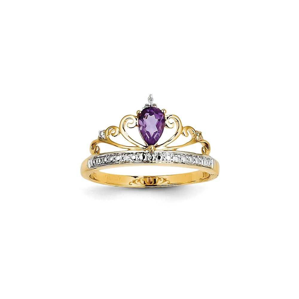14K Yellow Gold Rhodium Real Diamond and Amethyst Ring