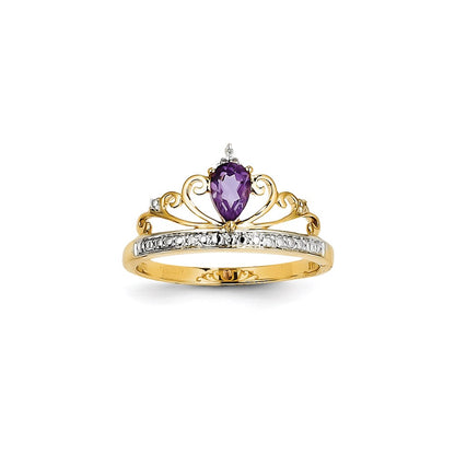 14K Yellow Gold Rhodium Real Diamond and Amethyst Ring