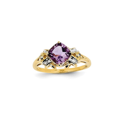 14K Yellow Gold Real Diamond and Amethyst Square Ring