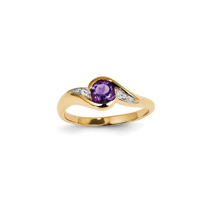 14K Yellow Gold Real Diamond and Amethyst Round Ring