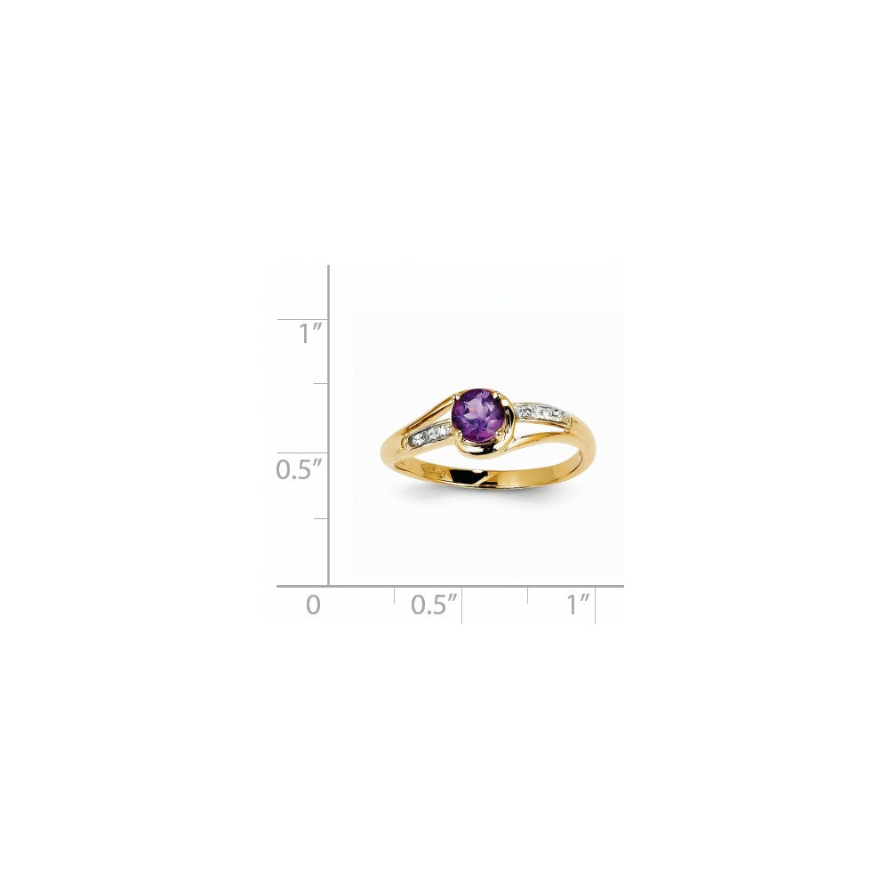 14K Yellow Gold Real Diamond and Amethyst Round Ring