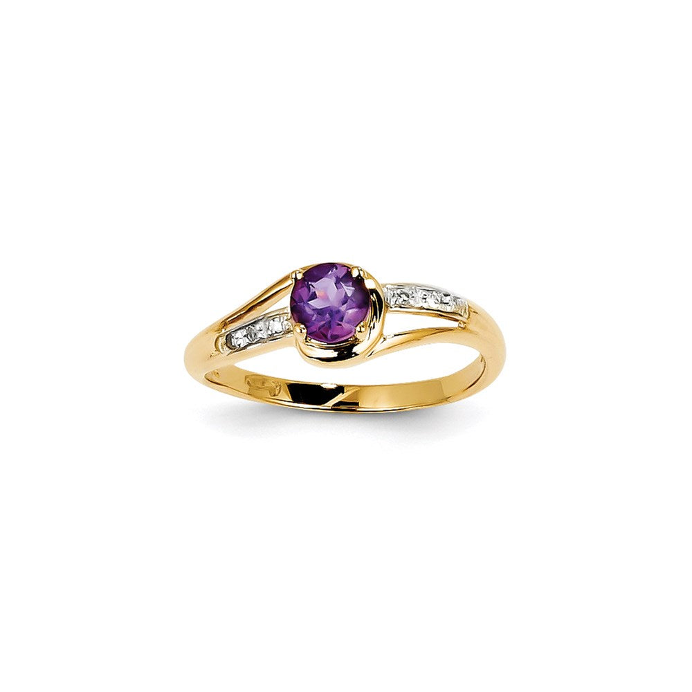 14K Yellow Gold Real Diamond and Amethyst Round Ring