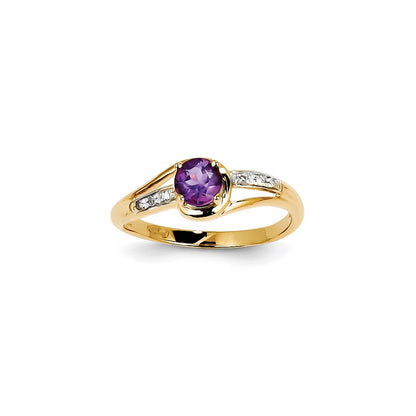 14K Yellow Gold Real Diamond and Amethyst Round Ring