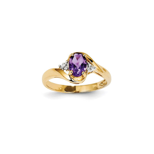 14K Yellow Gold Real Diamond and Amethyst Oval Ring