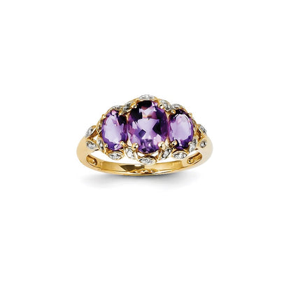 14K Yellow Gold Real Diamond and Amethyst Oval Ring