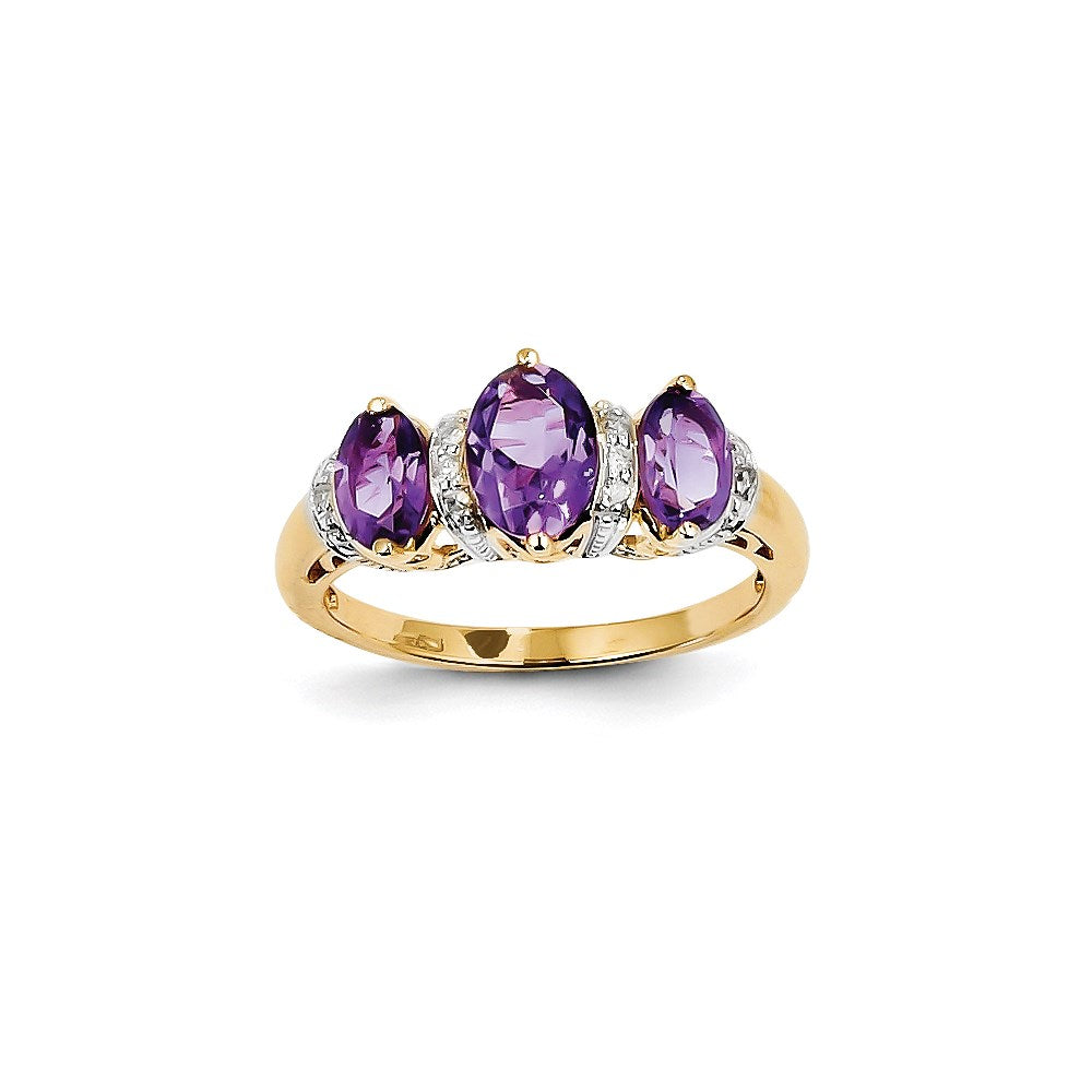 14K Yellow Gold Real Diamond and Amethyst Oval Ring