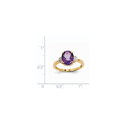 14K Yellow Gold Real Diamond and Amethyst Oval Ring