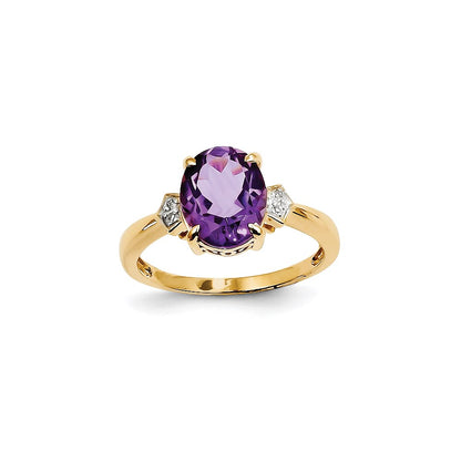 14K Yellow Gold Real Diamond and Amethyst Oval Ring