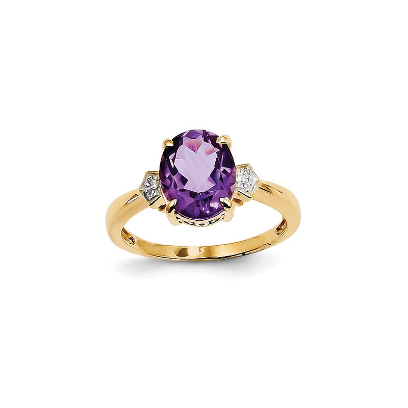 14K Yellow Gold Real Diamond and Amethyst Oval Ring